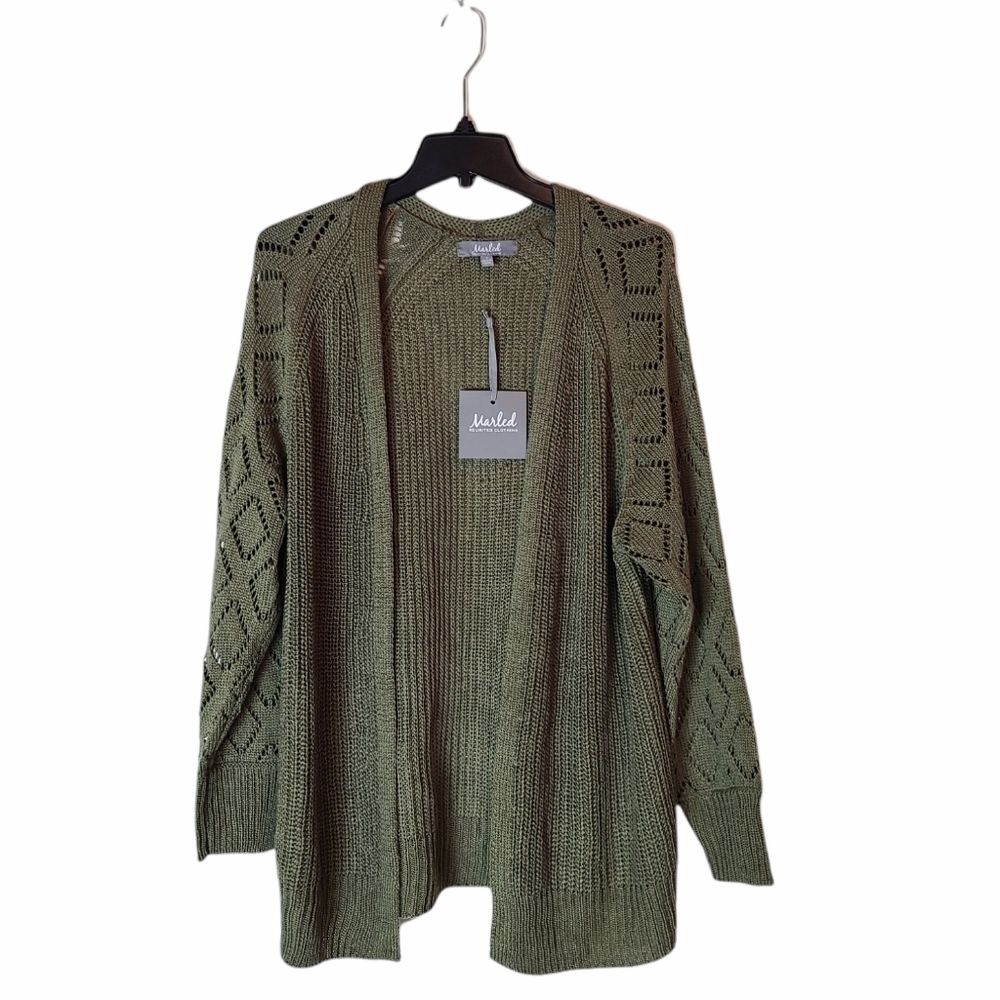 Marled Olive Green Cable Knit Open Front Cardigan Cozy Fall Boho Small NWT - Picture 6 of 9